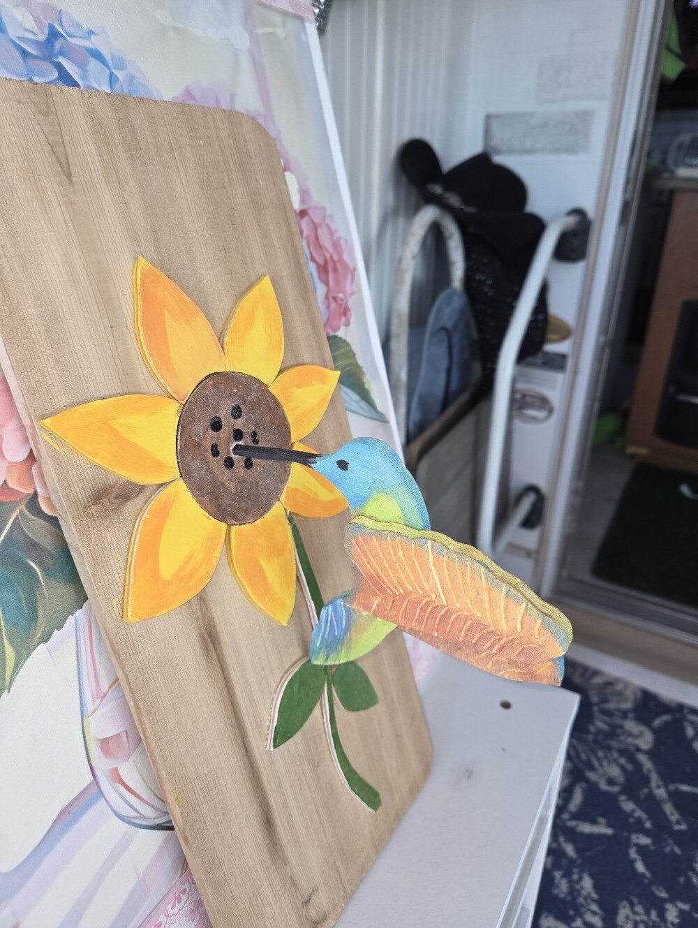Handmade Defying Grafity Wood Sunflower with Hummingbird Wall Art